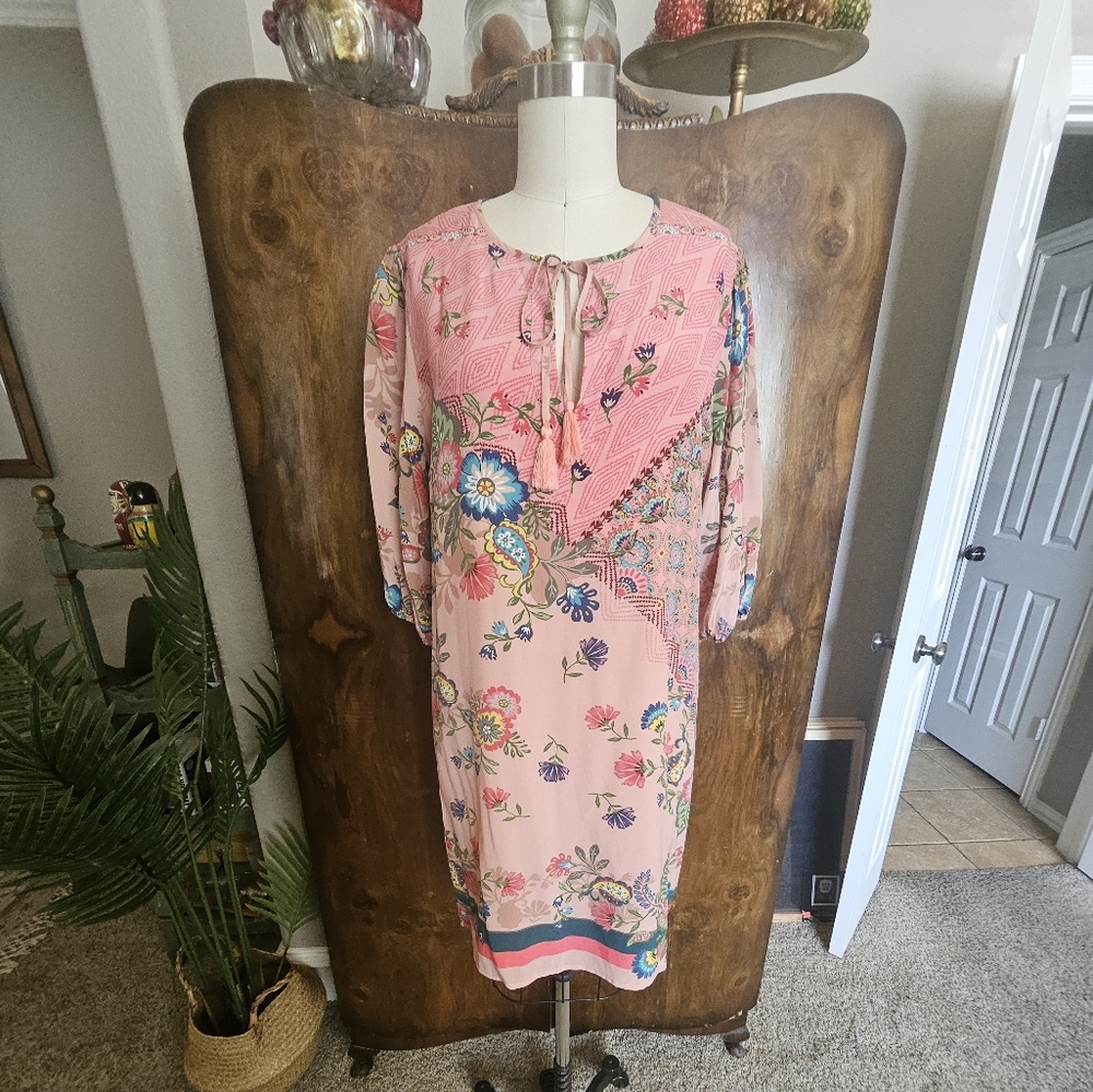 Johnny Was Pink Floral Long Sleeve Midi Dress